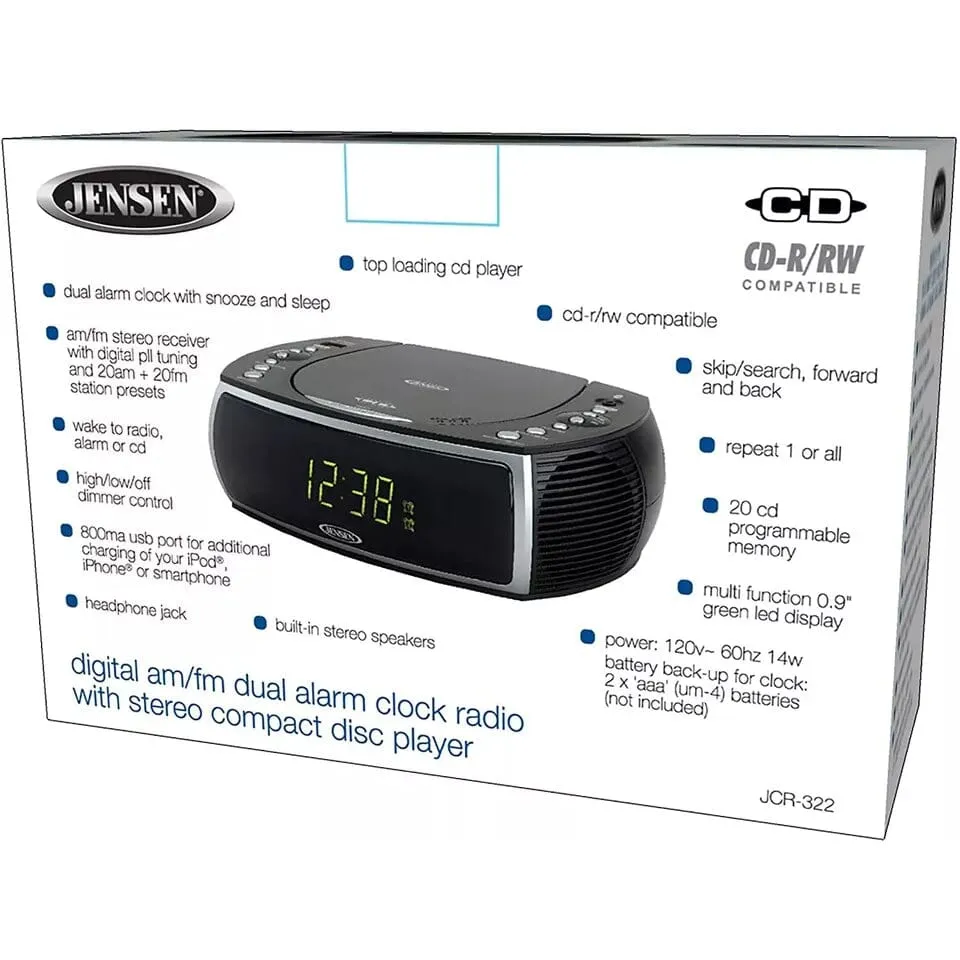 Jensen JCR-322 Modern Home CD Tabletop AM/FM Radio CD Player Dual Alarm Clock (Refurbished)