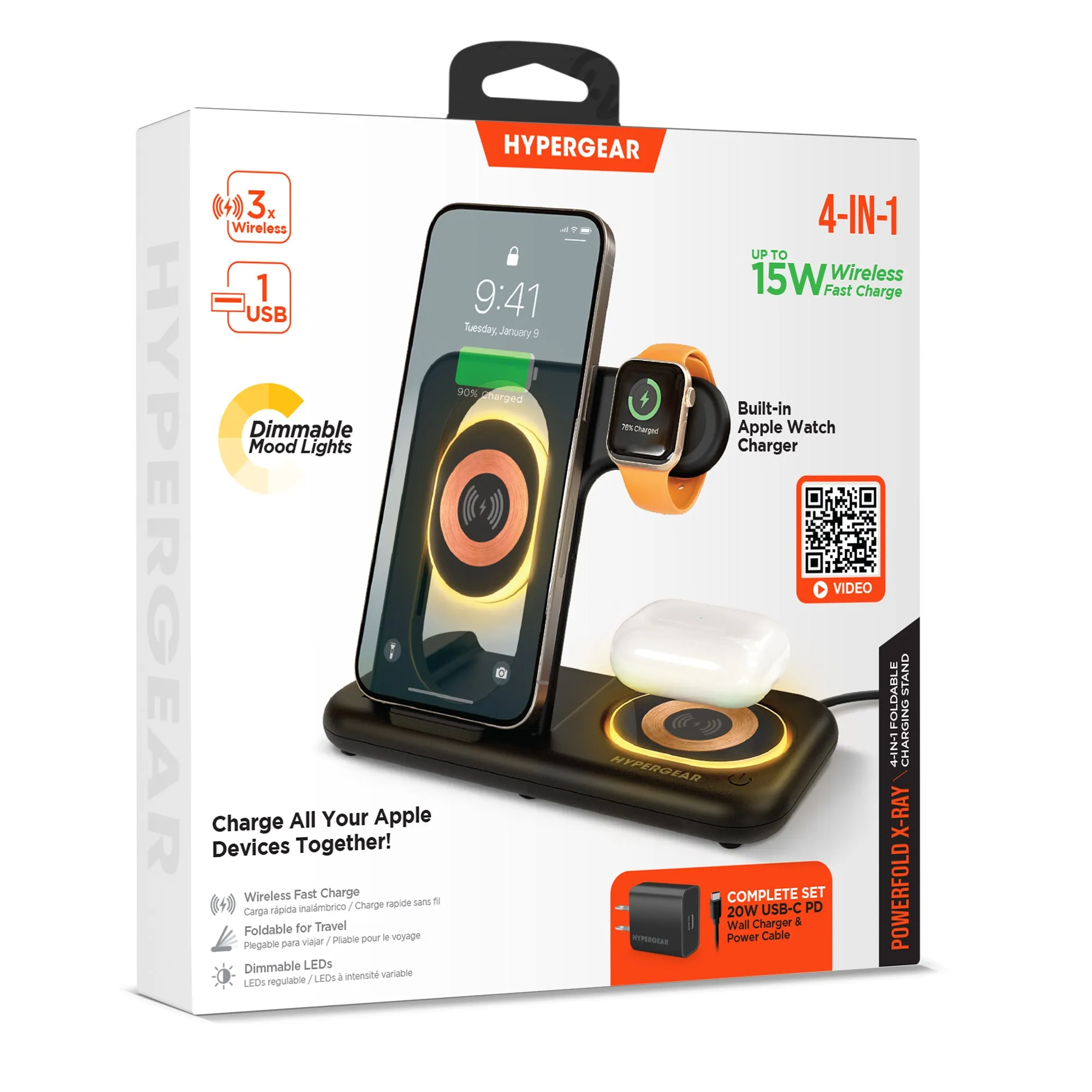 PowerFold X-Ray 4-in-1 Foldable Wireless Charging Stand with 15W Wireless Fast Charge | Black
