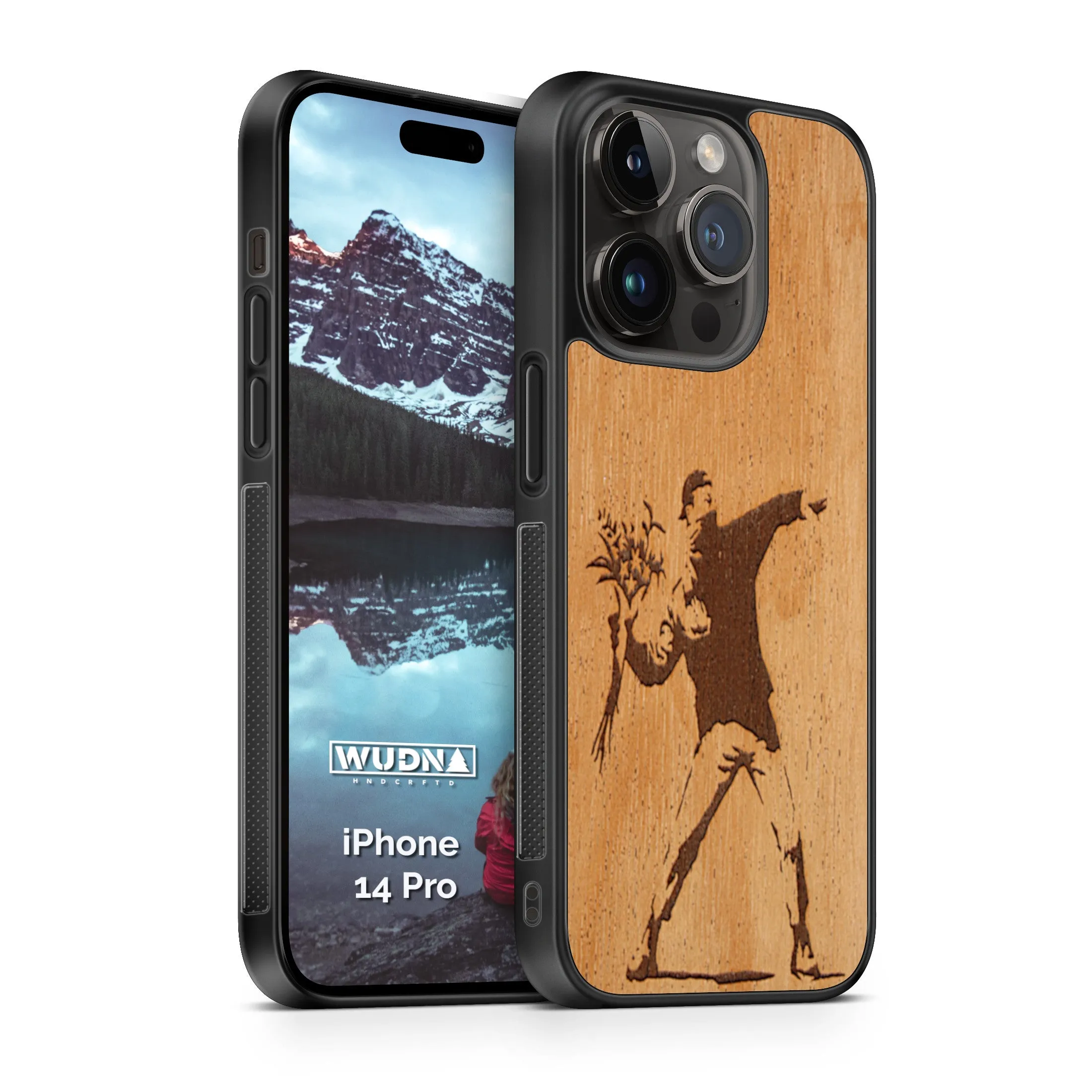 Premium Slim Mahogany Wooden Phone Case with Banksy Molotov Flowers Design